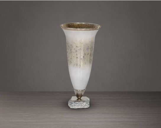 Hurricane candle stand in white and silver lustre glass with arctic breeze feel & nickel plated acrylic textured decorative base. large