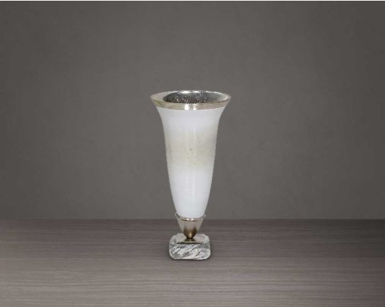 Hurricane candle stand in white and silver lustre glass with arctic breeze feel & nickel plated acrylic textured decorative base.   small