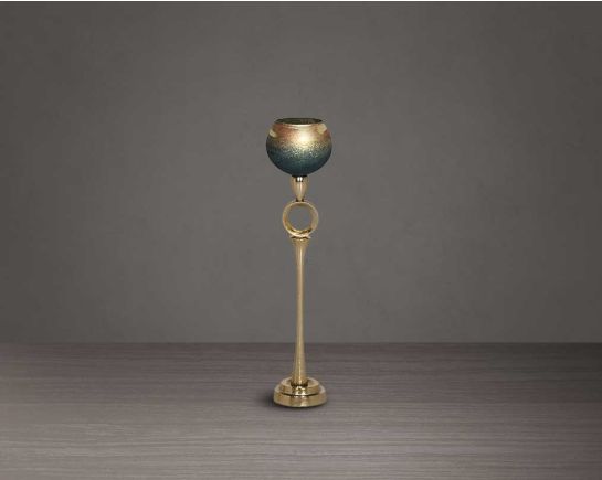 Decorative Goblet T-Lite holder in a champagne glass and antique gold aluminium base. small