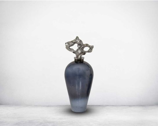 Decorative bottle in swanluster glass with ornamental nickel plated aluminium lid. bottle large