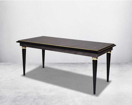 6 seater rectangular dining table in dark oak finish with antique gold rim in wooden legs in modern classic design