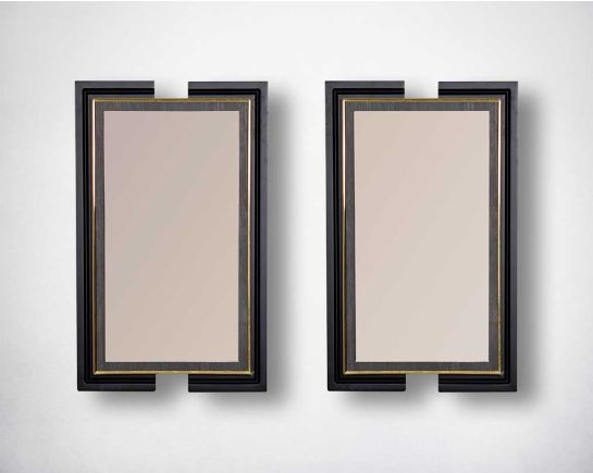 Smoky brown mirrors in dark oak with antique gold design motif.