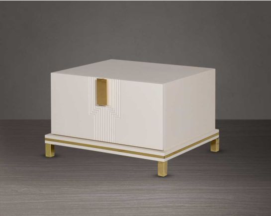Bedside table lacquered in high gloss with a spacious drawer with side view  gold finish handle & base.