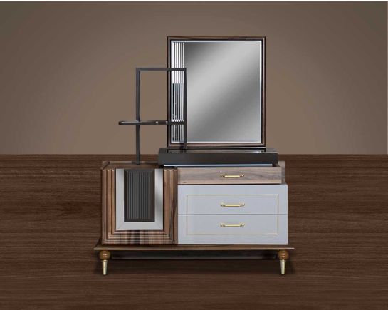 It has a unique extra storage space which slides out, it has 3 drawers & cabinet storage front view