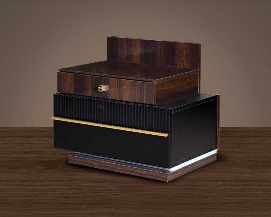 The gorgeous bedside closed drawer  table is in black glossy & dark walnut veneer finish with two drawers with gold metal handle It has led light in the base adding to the mood of the bedroom.
