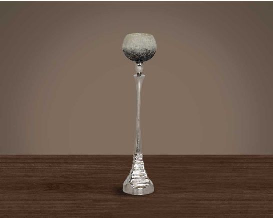 Pillar goblet candle holder in white & grey lustre glass with nickel-plated textured aluminum decorative base. small