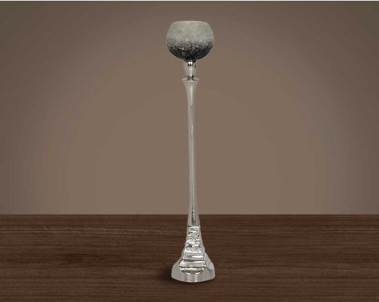 Pillar goblet candle holder in white & grey lustre glass with nickel-plated textured aluminum decorative base. large 