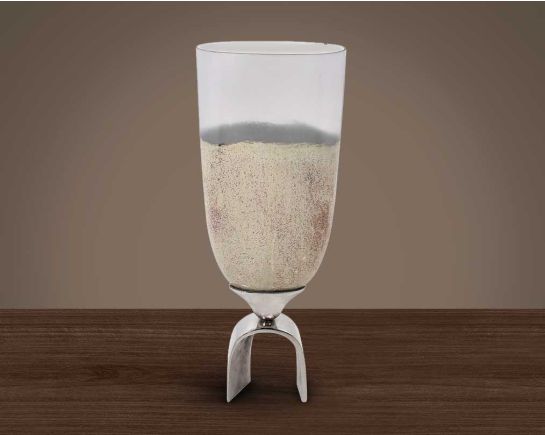 Glass vase in grey lustre glass and aluminium decorative base large 