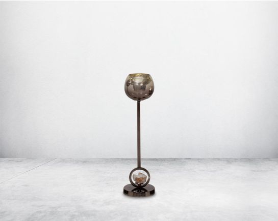 Pillar goblet candle holder in brown lustre glass with nickel-plated textured aluminum decorative base with a zeolite stone motiff "  medium 