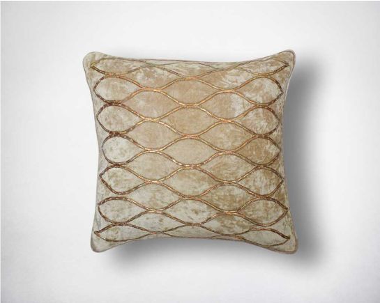 Shiny gold beaded poly silk embroidered cushion.