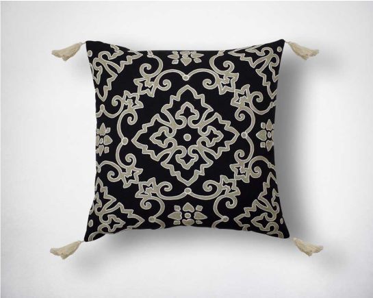 Black embroidered cotton cushion.