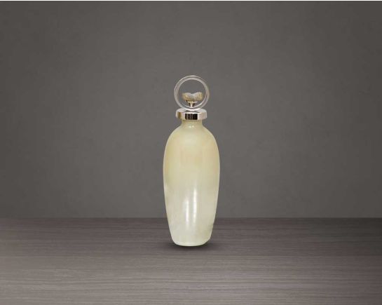 Decorative bottle in taupe tinted luster glass with ornamental frosted aluminum lid.- small