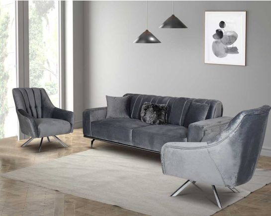 curves.3+1+1 seater sofa upholstered in fabric in modern classic design. The set comes with 3 cushions to compliment it. Crafted beautifully with high polished stainless steel base. The single-seater has an additional comforting feature which is its rotat