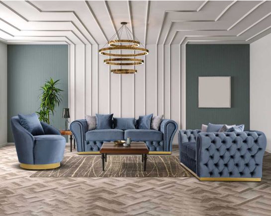 This 3+2 seater sofa set has a resplendent accentuated designer look and elegantly flared plush tufted armrests and backrest for an opulent style. The sofa is upholstered with high-quality velvet fabric and comes with 9 beautiful cushions to compliment