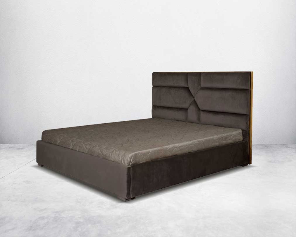 This lavish high-back bed in king size upholstered & quilted in suede fabric with wooden legs side view