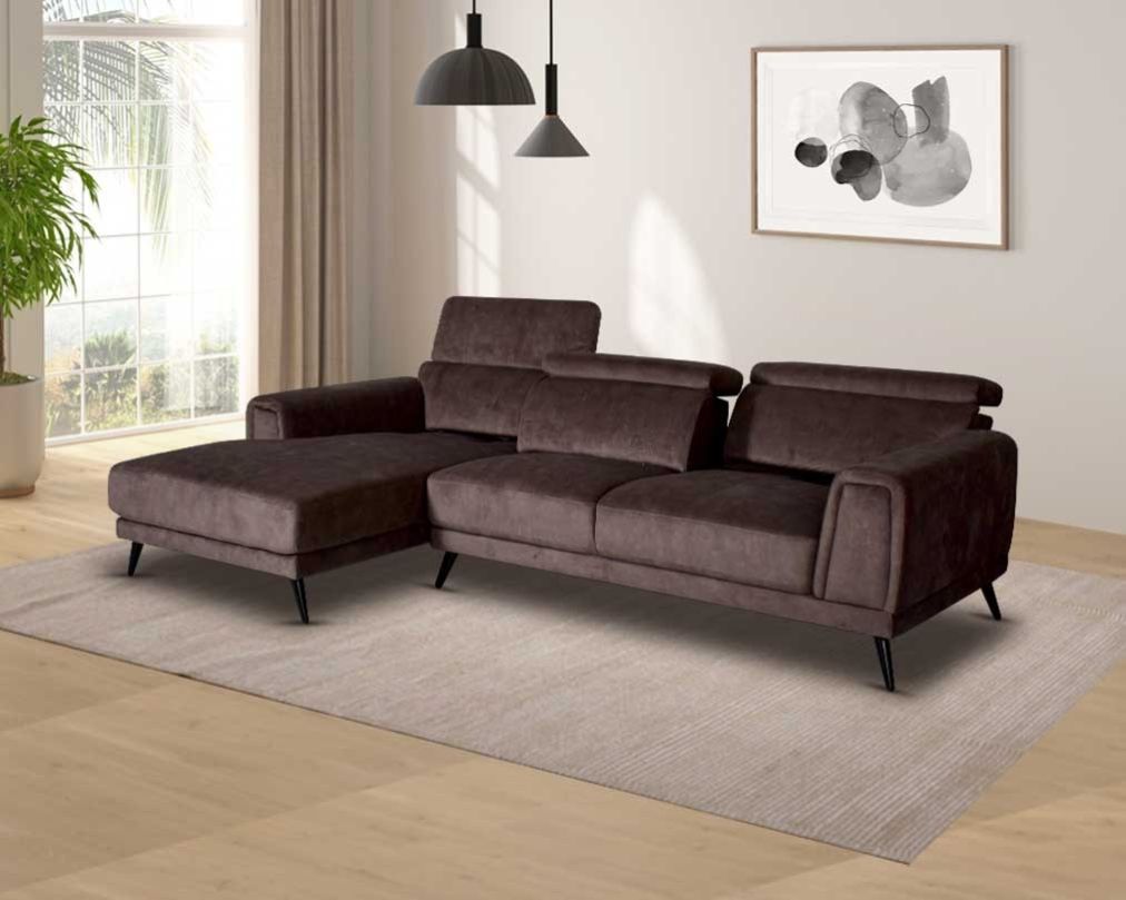 This left and right aligned sofa with its modern expressions upholstered in suede fabric with a moveable back and headrest is a perfect combination of function and comfort with stainless steel black coated legs in contemporary design.