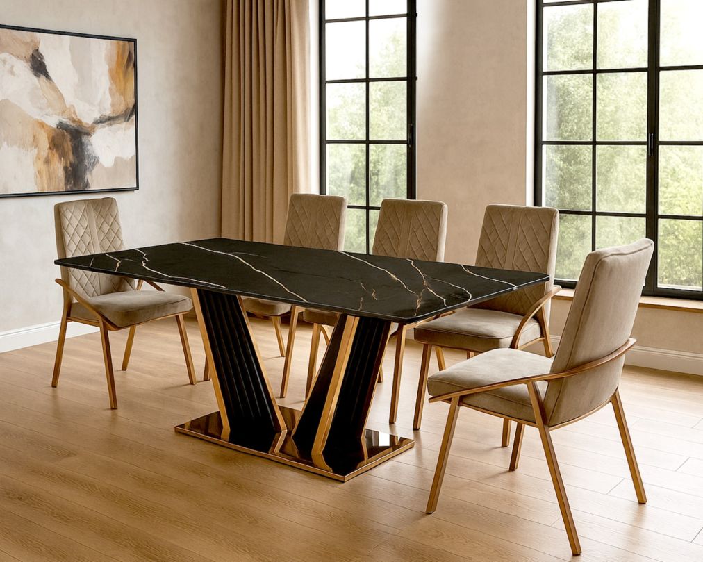 This glorious marble top dining table features a tree bark design motif finished in glossy rose gold plated stainless steel & black sandblasted base. Comfortable making an elegant look & opulent style statement in any home.