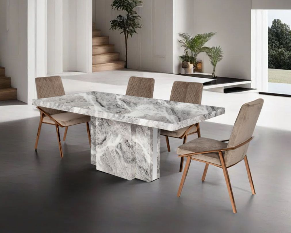 6 & 8 Seater rectangular dining table with marble top and base in glossy finish with stainless steel trims at the sides. Dining chair upholstered in faux leather with high polished stainless steel legs in cross design.