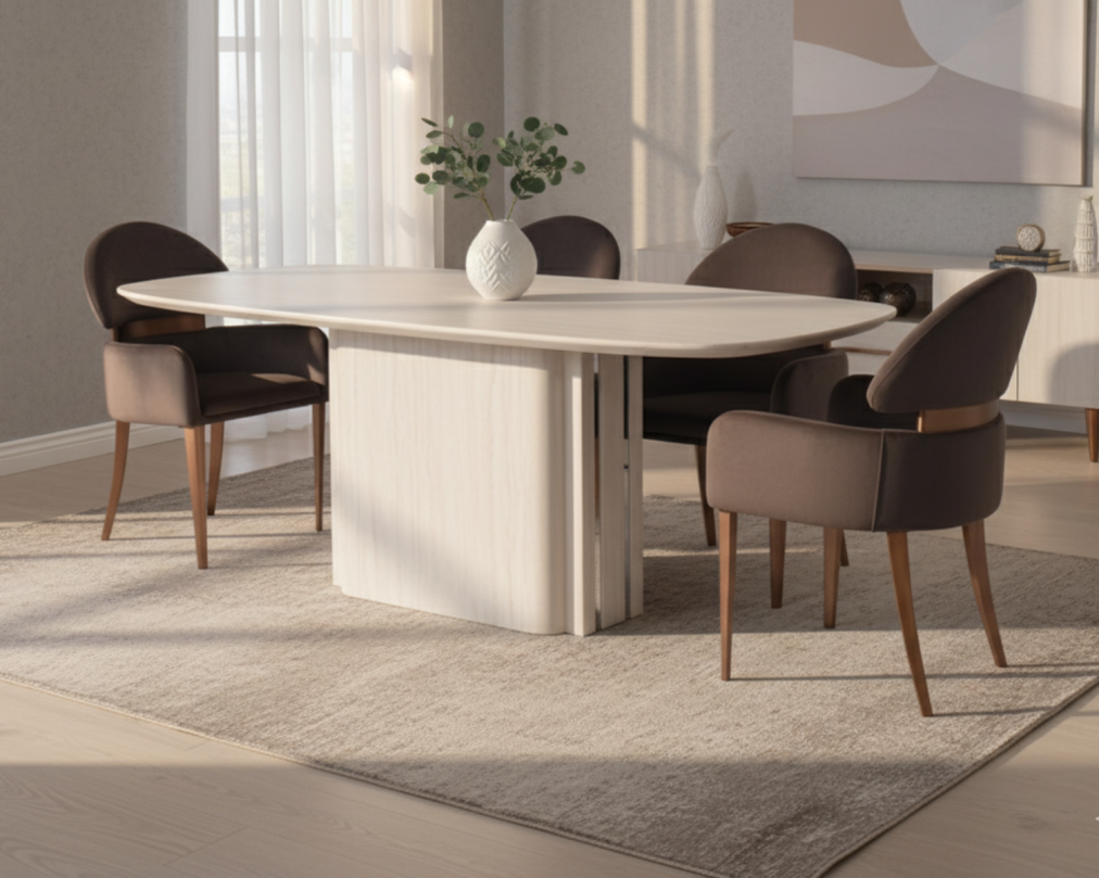 Atlanta 6 & 8 Seater Marble Dining Table With Ristra Fabric Rose Gold Dining Chair