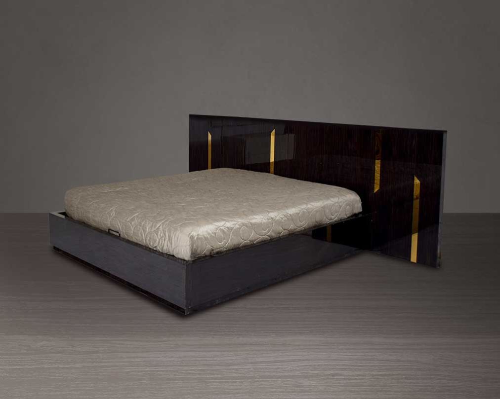 This elegant king bed comes with dark walnut veneer headboard with hydraulic lift storage.