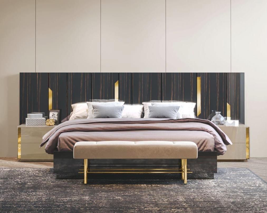 luxury Alma King Bed Set With Storage with 2 drawer This elegant king bed comes with dark walnut veneer headboard with hydraulic lift storage This is complemented by gold-finished stainless-steel inlay trim on the headboard which gives a chic modern feel.