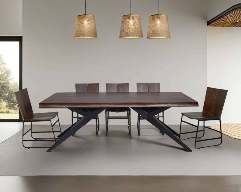 this large 8 seater rectangle dining table in solid acacia wood top in dark walnut This sleek straight wooden dining chair in dark walnut finish & black coated metal base in minimilistic design.