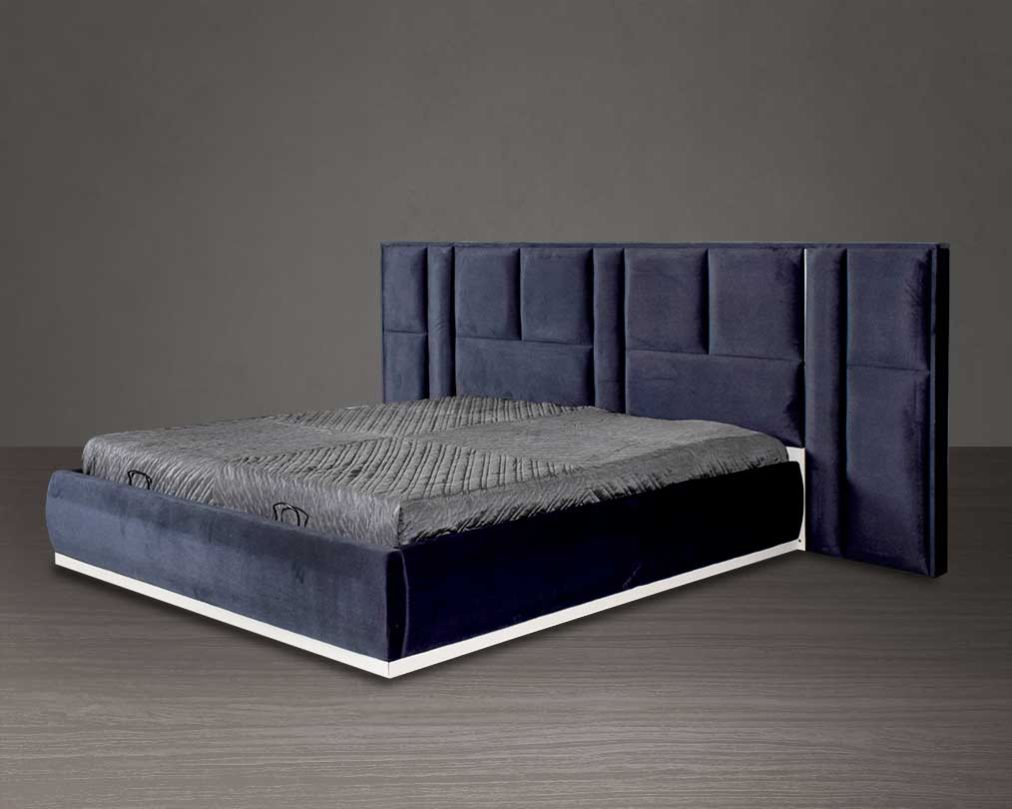 This elegant king bed comes with a glossy blue lacquered border can be found all along with a fabric upholstered headboard with hydraulic lift storage. This is complemented by stainless-steel inlay trim on the headboard which gives a chic modern feel.