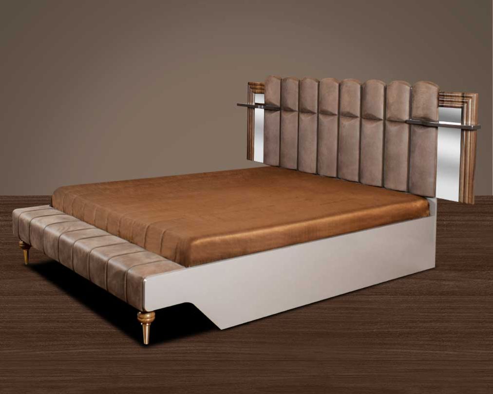 This beautiful art deco stylish bed features a high headboard upholstered in fabric & a grey glossy finish with mirrors & shelves on both sides. It renders hydraulic storage & adds a regal look to the entire bedroom.