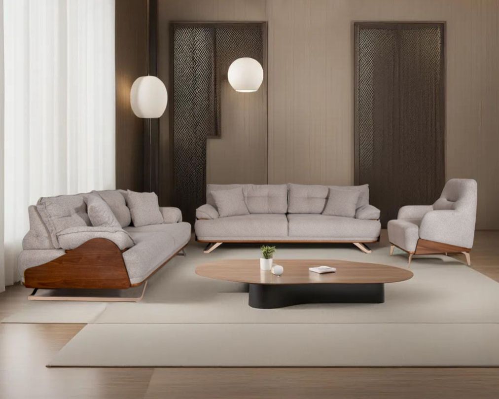 3+2+1 seater sofa upholstered in fabric in modern classic design with table and decor light