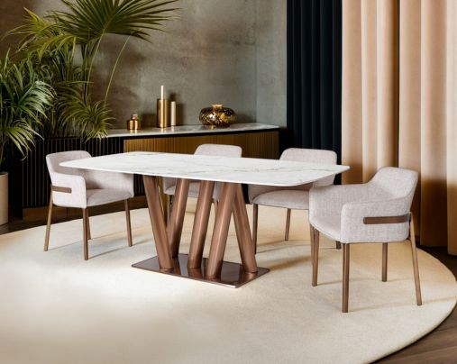 Traza 6 Seater Marble Dining Table With Traza Fabric Dining Chair